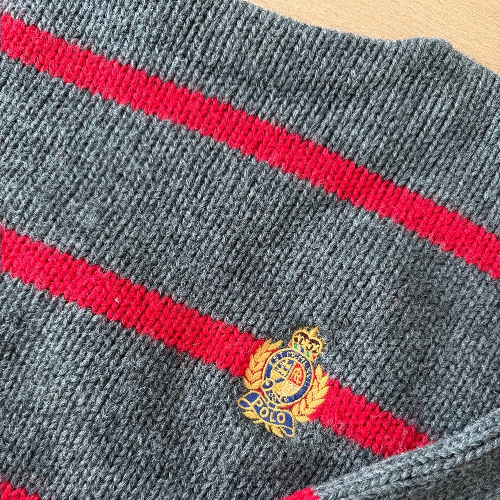 VINTAGE Early 90’s Polo Ralph Lauren Crest Grey & Red Striped Wool Knit Sweater